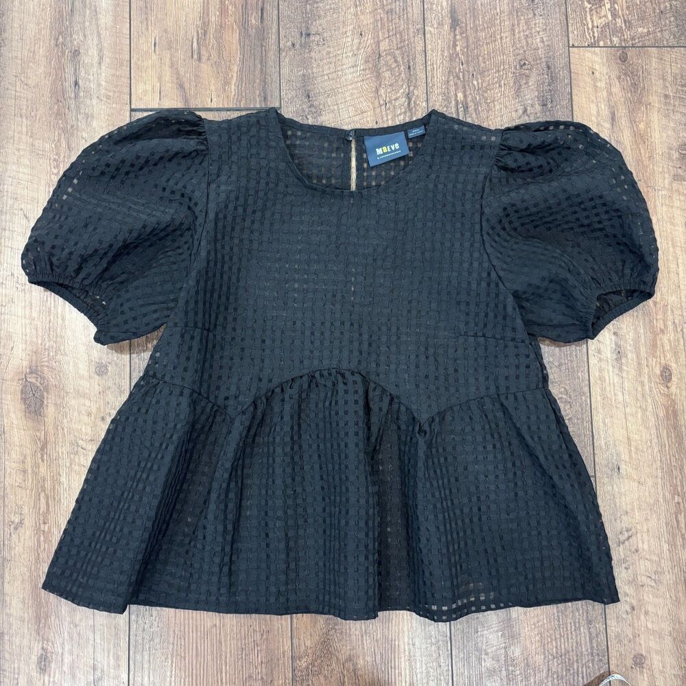 Anthropologie Maeve Short-Sleeve Babydoll Blouse Womens Medium Black Puff Sleeve - Picture 4 of 9